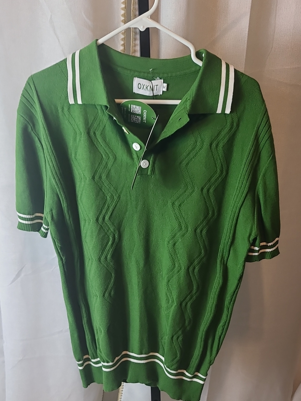 OXKNIT Knit Polo Shirt Mens MED Green Retro 60s 70s Striped Button Up NWT